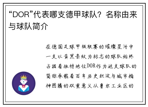 “DOR”代表哪支德甲球队？名称由来与球队简介