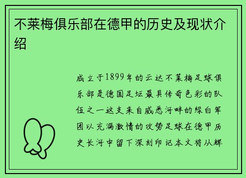 不莱梅俱乐部在德甲的历史及现状介绍